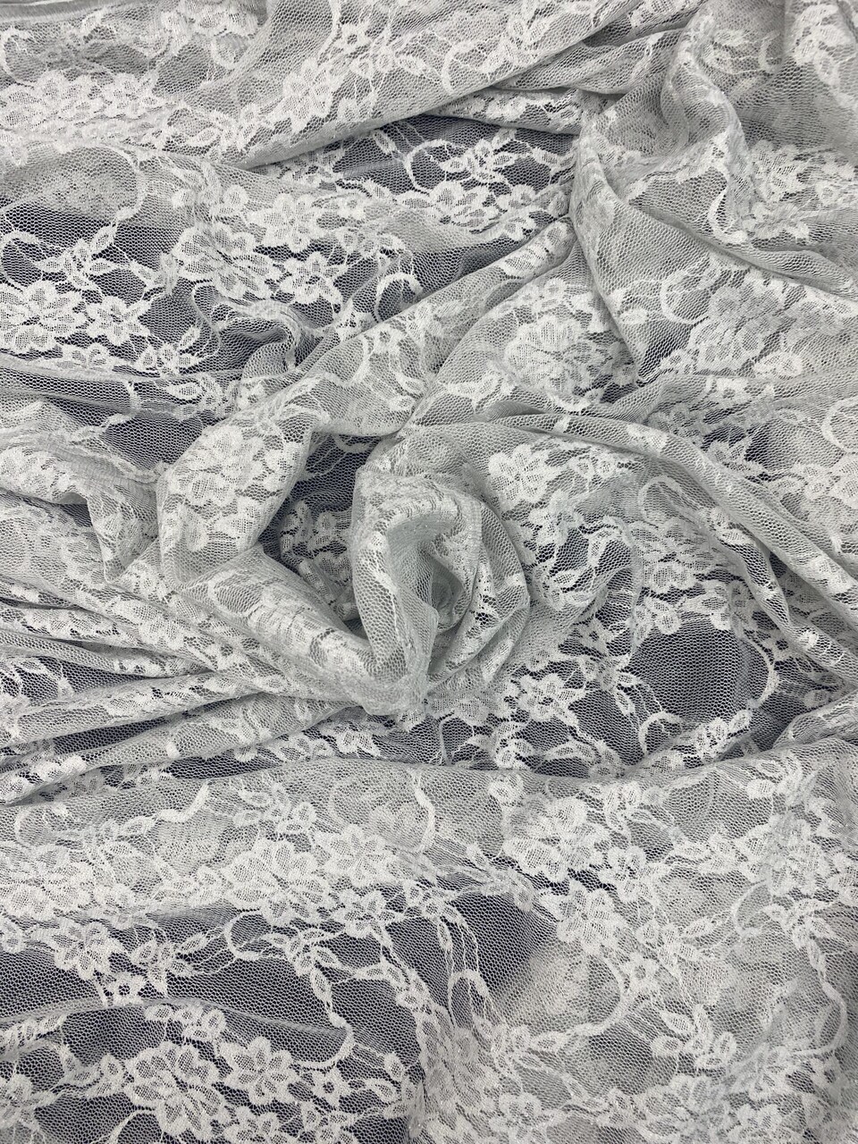 1 Yard Silver Sheer Floral Stretch Lace Fabric Shimmery Nylon Spandex 58/60″ Wide